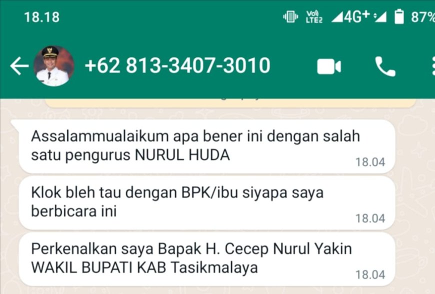 Akun WA Wabup Tasik Diretas, Sejumlah Pontren Dimintai Uang Berdalih Bantuan