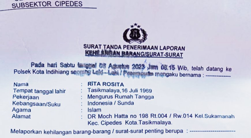 Kehilangan Sebuah STNK Milik Rita Rosita dengan Nopol Z 2610 L