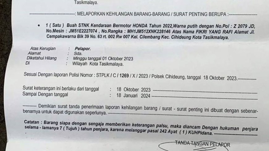 Kehilangan Sebuah STNK Atas Nama Fikri Yang Rafi dengan Nopol Z 2079 JD